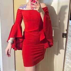 Elegant Red Boston Proper Off-Shoulder Ruffle SleeveDress